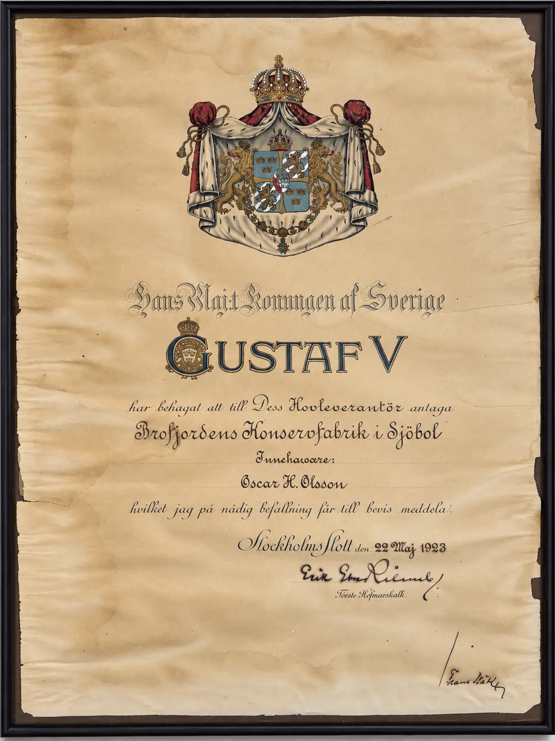 Restored presentation image of the 1923 royal-court supplier diploma