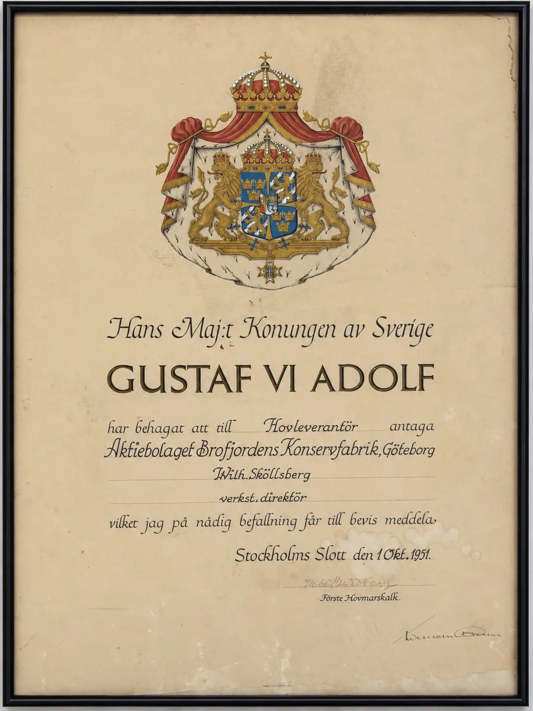 Restored presentation image of the 1951 royal-court supplier diploma